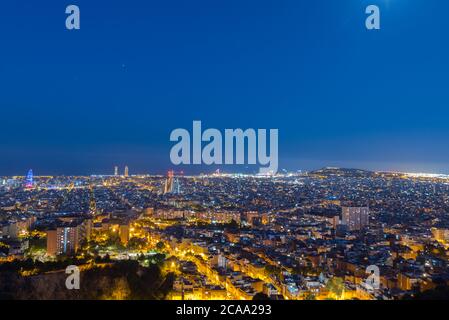 july 29 2020, BARCELONA, SPAIN: View of Barcelona city and costline in spring from the Bunkers in Carmel in the night. Stock Photo