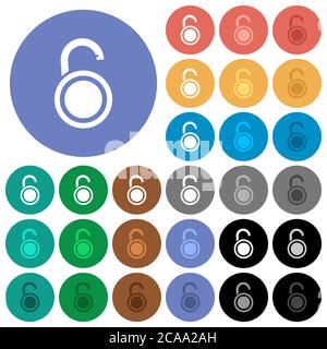Unlocked round padlock multi colored flat icons on round backgrounds. Included white, light and dark icon variations for hover and active status effec Stock Vector
