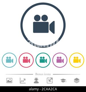 Video camera flat color icons in round outlines. 6 bonus icons included. Stock Vector