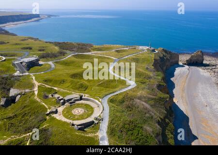 Aerial view of Pointe du Hoc on the coast of Normandy. famous World War II site Stock Photo