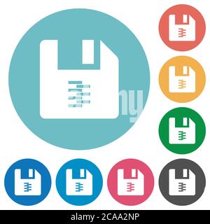 zip archive file flat white icons on round color backgrounds Stock Vector