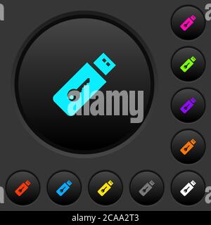 Hardware key dark push buttons with vivid color icons on dark grey background Stock Vector