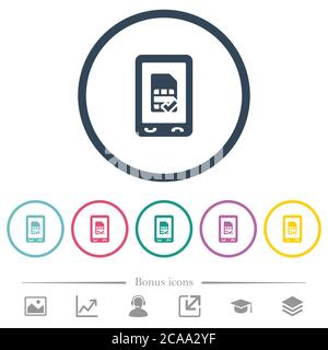 Mobile simcard accepted flat color icons in round outlines. 6 bonus icons included. Stock Vector