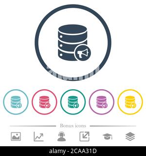 Database alerts flat color icons in round outlines. 6 bonus icons included. Stock Vector