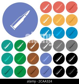 Bullet rifle ammo with gloss multi colored flat icons on round backgrounds. Included white, light and dark icon variations for hover and active status Stock Vector