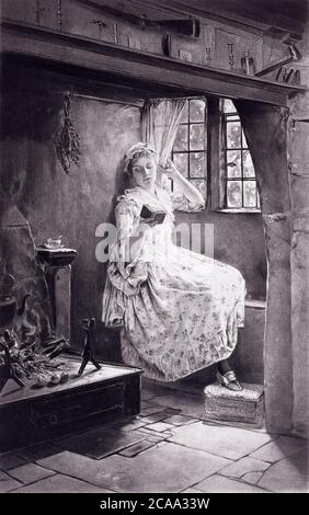 1890 photogravure of a Francis D. Millet painting with the caption, A Cozy Corner - Francis Davis Millet (November 3, 1848 – April 15, 1912) was an Am Stock Photo