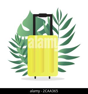 Yellow luggage with tropical palm and monstera leaves. Time to travel vector concept Stock Vector