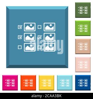Multiple image selection with checkboxes white icons on edged square buttons in various trendy colors Stock Vector