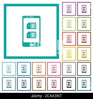 Dual SIM mobile flat color icons with quadrant frames on white background Stock Vector