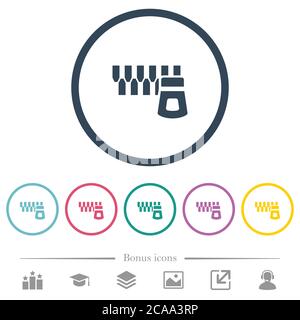 Horizontal zipper flat color icons in round outlines. 6 bonus icons included. Stock Vector