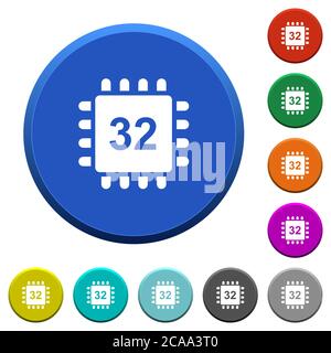 Microprocessor 32 bit architecture round color beveled buttons with smooth surfaces and flat white icons Stock Vector