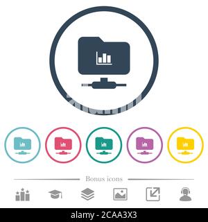 FTP statistics flat color icons in round outlines. 6 bonus icons included. Stock Vector