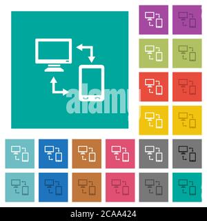 Connecting mobile to desktop multi colored flat icons on plain square backgrounds. Included white and darker icon variations for hover or active effec Stock Vector