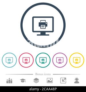 Print screen flat color icons in round outlines. 6 bonus icons included. Stock Vector