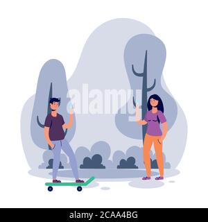 young couple using smartphones in skateboard vector illustration design Stock Vector