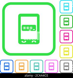 Mobile pin code vivid colored flat icons in curved borders on white background Stock Vector
