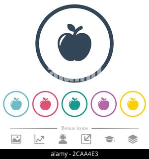 Apple flat color icons in round outlines. 6 bonus icons included. Stock Vector