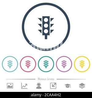 Traffic light flat color icons in round outlines. 6 bonus icons included. Stock Vector