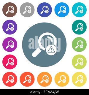 Search error flat white icons on round color backgrounds. 17 background color variations are included. Stock Vector
