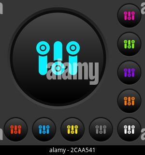 Control panel dark push buttons with vivid color icons on dark grey background Stock Vector