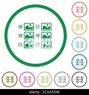 Multiple image selection with checkboxes flat color icons in round outlines on white background Stock Vector