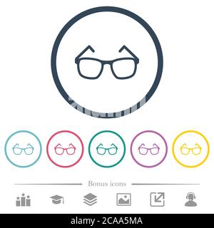 Eyeglasses flat color icons in round outlines. 6 bonus icons included. Stock Vector