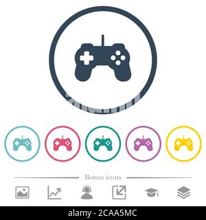 Game controller flat color icons in round outlines. 6 bonus icons included. Stock Vector