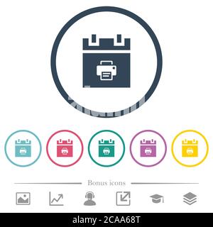 Print schedule item flat color icons in round outlines. 6 bonus icons included. Stock Vector