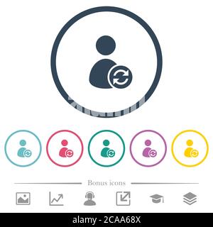 Refresh user account flat color icons in round outlines. 6 bonus icons included. Stock Vector