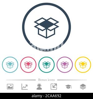 Open box flat color icons in round outlines. 6 bonus icons included. Stock Vector
