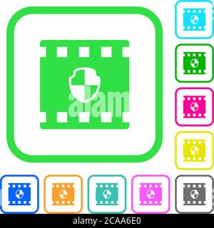 Protected movie vivid colored flat icons in curved borders on white background Stock Vector