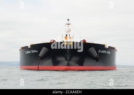 The tanker Elandra Denali anchored off the south Devon coast during the coronavirus outbreak. The vessel is a crude oil tanker and is 330m long and 60 Stock Photo