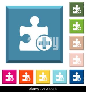 Add new plugin white icons on edged square buttons in various trendy colors Stock Vector