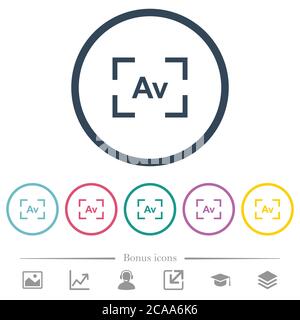 Camera aperture value mode flat color icons in round outlines. 6 bonus icons included. Stock Vector