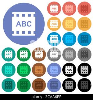 Movie subtitle multi colored flat icons on round backgrounds. Included white, light and dark icon variations for hover and active status effects, and Stock Vector
