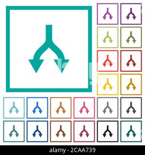 Split arrows down flat color icons with quadrant frames on white background Stock Vector