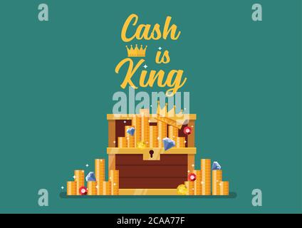 Cash is king typography with open chest full of treasure. Vector illustration Stock Vector