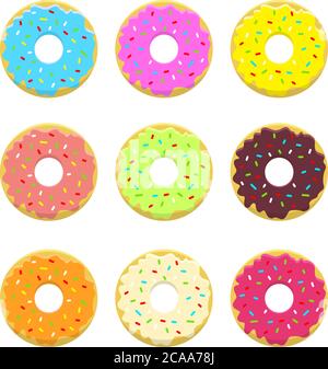 Abstract Vector Donuts llustration Set in Flat Style and Bright Colors. Glazed and Powdered Doughnuts. Stock Vector