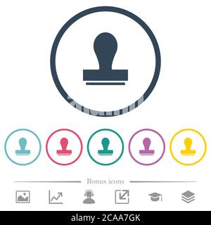 Stamp flat color icons in round outlines. 6 bonus icons included. Stock Vector
