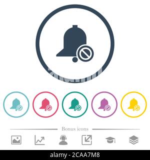 Disable reminder flat color icons in round outlines. 6 bonus icons included. Stock Vector