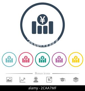 Yen financial graph flat color icons in round outlines. 6 bonus icons included. Stock Vector
