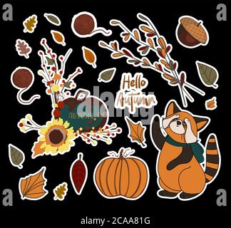 Vector autumn set of stickers. PUMPKINS AND BRANCHES. Autumn leaves. Children's print for textiles and clothing. Product design Stock Vector