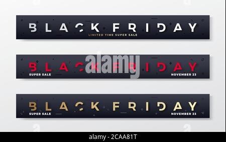Black Friday Premium Banners or Headers Set. Reduced Typography Concepts with Abstract Decorative Elements, Realistic Shadows and Golden Gradient. Web Stock Vector