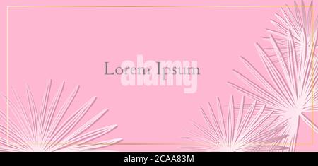 Template for text tropical palm leaves on a pink background. Beautiful beach wallpaper. Hotel or resort advertisement. Stock Vector
