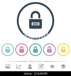 Locked combination lock with center numbers flat color icons in round outlines. 6 bonus icons included. Stock Vector