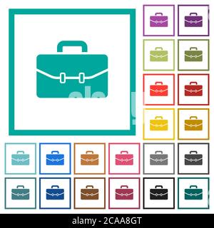 Satchel with two buckles flat color icons with quadrant frames on white background Stock Vector