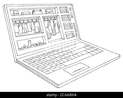 Store shelves in a laptop graphic black white isolated sketch illustration vector Stock Vector