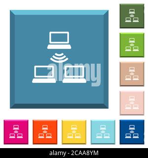Wireless network white icons on edged square buttons in various trendy colors Stock Vector