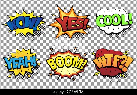 Comic speech bubbles set with different emotions and text Wow, Yes, Cool, Yeah, Boom, Wtf . Vector bright dynamic cartoon illustrations in retro pop Stock Vector