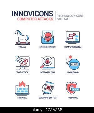 Computer attacks - colorful line design style icons Stock Vector